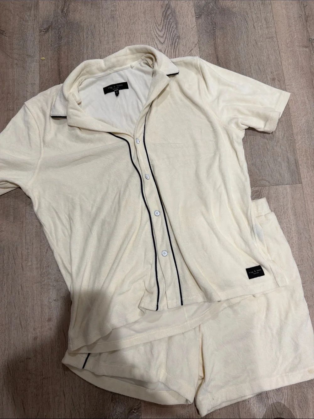 rag & bone Cream Short-Sleeve Button Polo with Black Piping